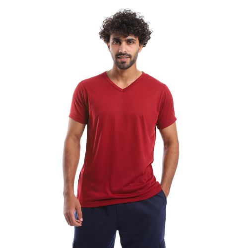 Buy Kady Plain Pattern V Neck Slip On T-Shirt - Burgundy in Egypt