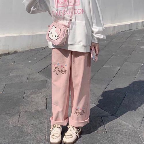 Japanese Women girls cute jeans denim overalls trousers loose