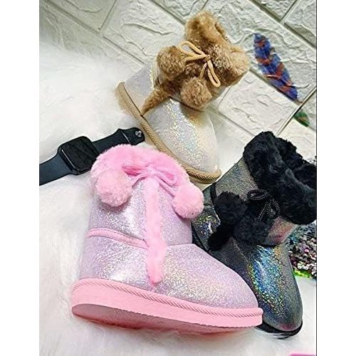 product_image_name-Generic-نصف حذاء اطفال فرو شتوي للبنات بتصميم فريد ونعل كوشي مع تفاصيل بوم بوم هاف بوت اطفال بناتي لامع جليتر سواريه مبطن ومزين فرو لاطفال البنات-3
