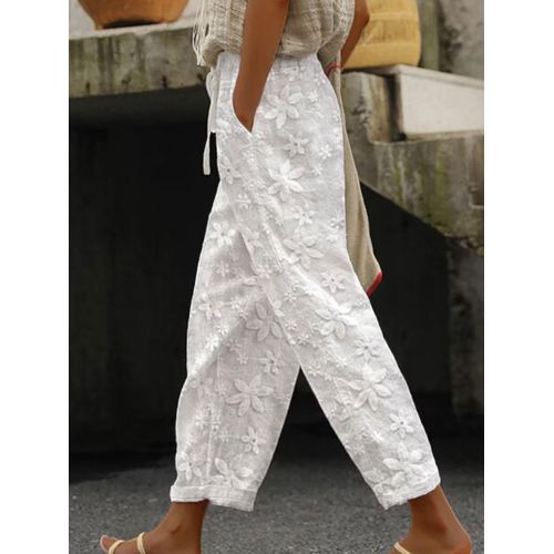 Fashion (White)2023 Summer Linen Pants Women Trousers White Lace