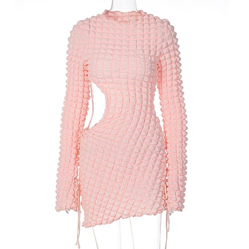 CM.YAYA Womens Fashion Long Sleeve Seersucker Pink Sparkly Dress