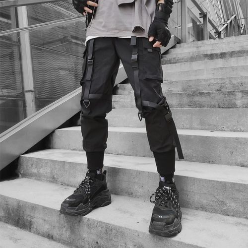 Black Cargo Pants For Men Hip Hop Streetwear Fashion Jogger Harem