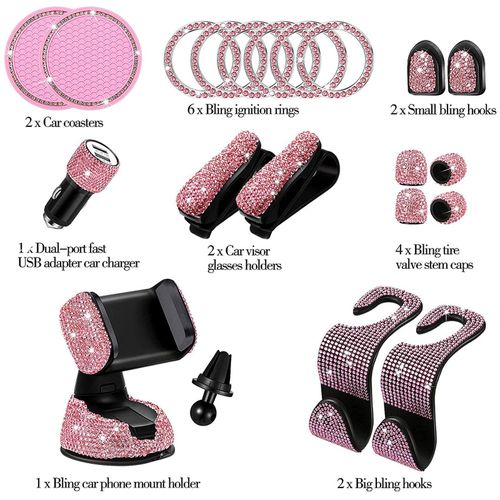 Toorise 15pcs Car Accessories for Women Interior Bling Dual USB Car Charger Glitter Mobile Phone Holder for Car Headrest Hooks Bling Crystal Car