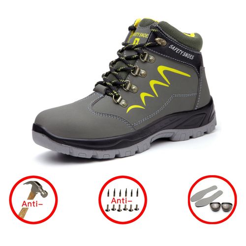 Safety Shoes 36-48 Anti-smashing Anti-puncture Steel Toe Cap Kevlar Midsole  Breathable Pigskin Fly Weaving Work Boots Grey Beige