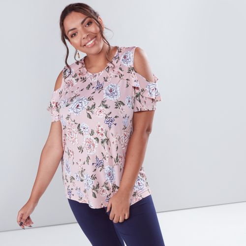 Max Floral Printed Cold Shoulder Top With Round Neck - Multishade Pink