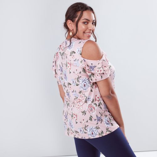 Max Floral Printed Cold Shoulder Top With Round Neck - Multishade Pink