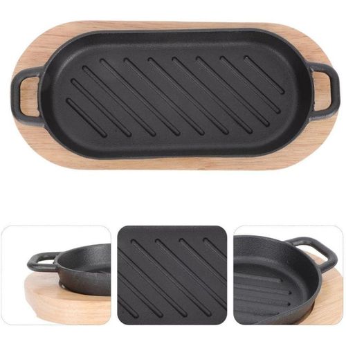 product_image_name-Generic-JINLIXIN-12inch Steak Cast Iron Pan-Grill Pan-Cooking Plate with Wooden Tray Kitchen Cookware-Black 45 * 19-2