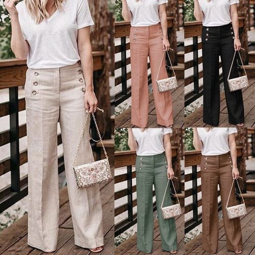 Fashion (Beige Pants)Plus Size 3XL Summer Hot Cotton Linen Women Wide Legs  Pants Solid Casual High Waist Button Trousers Female Loose Pants WEF @ Best  Price Online