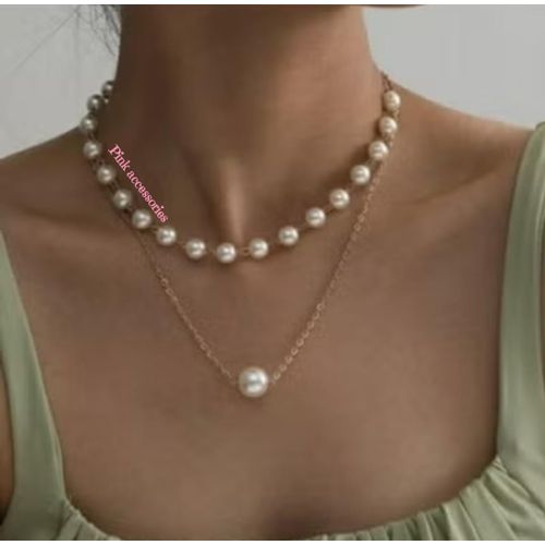 product_image_name-Pink-عقد حريمي شيك بسلسلة ذهبي مع لؤلؤ اوف وايت - متعدد طبقات-1