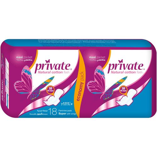 Buy Private Cotton Anti-Allergenic Feminine Super Folded Pads With Wings - 18 Pads in Egypt