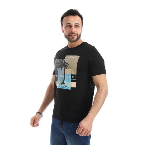 product_image_name-Ted Marchel-Short Sleeves Round Neck Printed T-Shirt - Black-2