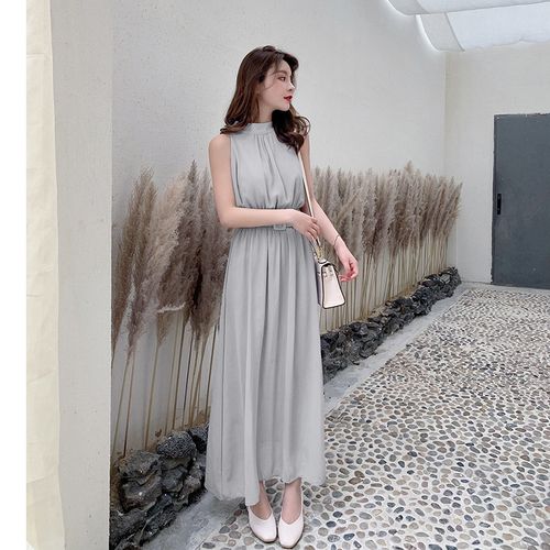Fashion (gray)Woherb Chiffon Dress Women Summer Halter Sleeveless