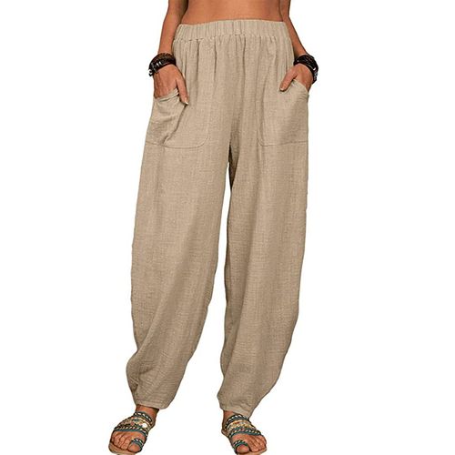 Fashion (Khaki Linen Pant)Cotton Linen Vintage Boho Beach Trousers