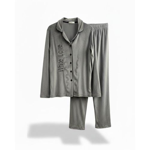 product_image_name-tree-بيجامة شتوي حريمي قطيفة رصاصي - طقم بأزرار وتطريز White Love - كلاسيك-1