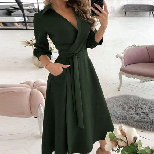 Womens Long Sleeve Belted Midi Dress Ladies V Neck Party Formal Work OL  Dress M