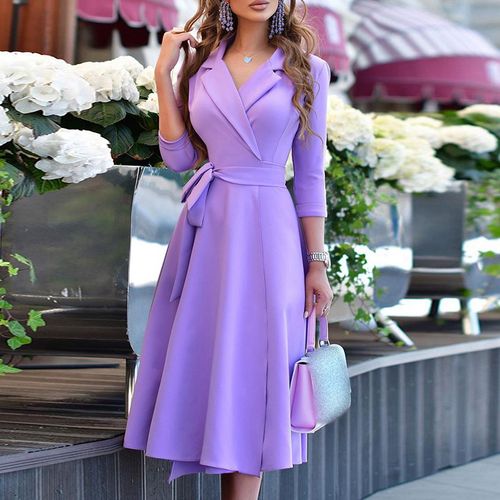 Fashion (03 Purple)Office Lady Elegant Summer Sleeveless Dress Women Casual  Turn-Down Collar Belt Dress V Neck Slim Solid Long Party Dress XXL MAA @  Best Price Online