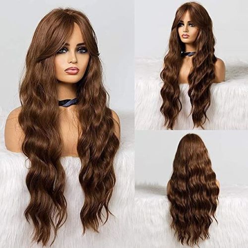 Generic Long Wavy Wigs With Bangs Brown Wigs For Women Heat