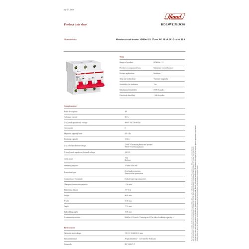 Himel Miniature Circuit Breaker (MCB), 3P, 80A, 10kA, Himel HDB3w125H3C80 - image 7