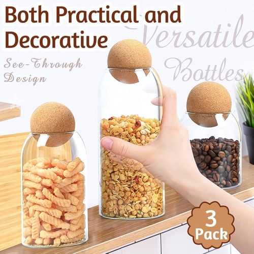 product_image_name-Generic-جار زجاجي بغطاء كورك محكم الإغلاق، 3 عبوات برطمانات زجاجية شفافة لتخزين الحلوى، برطمانات ماسون حاوية تخزين الطعام بغطاء كورك كروي لتقديم التوابل والسكر والملح والشاي والقهوة (500 مل/700 مل/1000 مل)-2