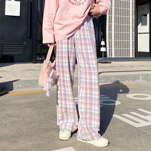 Spring Fall Women Casual Middle Waist Sweet Pink Plaid Pants Straight Long Trousers  Ladies Fashion Streetwear Female Tide Outfit  Pants  Capris  AliExpress