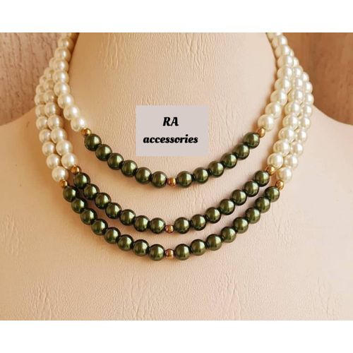 Buy RA accessories Handmade Women Necklace Pearls Off White, Green, Golden in Egypt