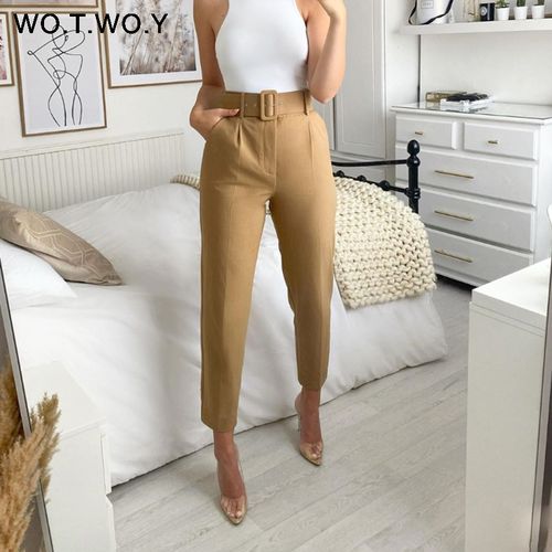 HGTE Elegant Formal High Waist Pants Women Skinny Office Lady Pencil Pants  Women Pockets Sashes Ankle-Length Trousers Women - AliExpress