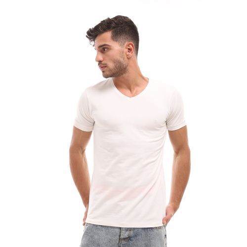 Buy Izor Basic Cotton V-Neck Solid T-Shirt - Off-White in Egypt