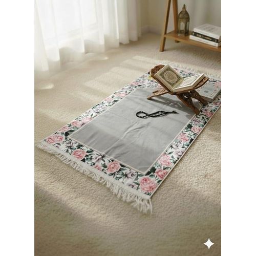 product_image_name-Generic-سجادة صلاة مبطنة مزينة بالزهور الوردية 60*120 سم، رمادية اللون + مصحف+مسبحة +ورقة دعاء وأذكارًا.-3
