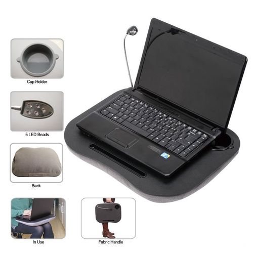 Laptop Lap Desk, Portable with Foam Cushion, LED Desk Light, and Cup