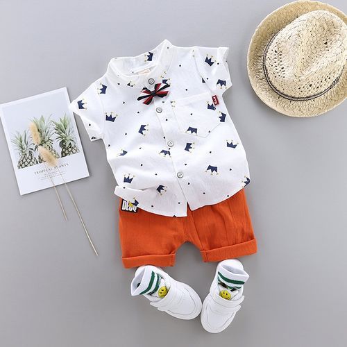 اشتري Fashion Boys Crown Printed Shirt + Short Pant Cotton Suit - White في مصر