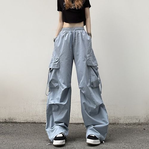 Deeptown Korean Style Cargo Pants Women Y2k Vintage Drawstring Navy Blue  Trousers Oversized Streetwear Retro Wide Leg Sweatpants - Pants & Capris -  AliExpress