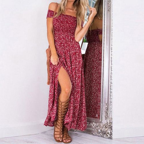 Women's Off Shoulder Floral Maxi Beach Dress with Side Slit