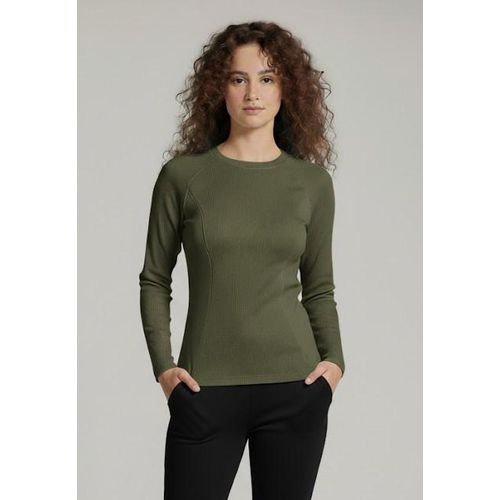 product_image_name-ATTRACT-تيشيرت حريمي بيزك سليم فيت 95% قطن بليكرا بأكمام طويلة وياقة مضلعة – زيتي-1