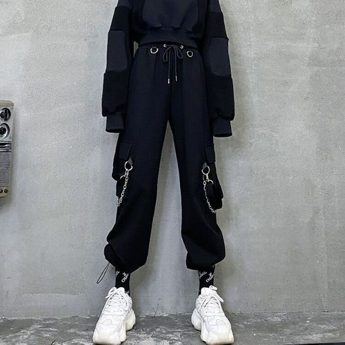 Fashion (Black)Gothic Harajuku Black Cargo Pants Women Chain Wide Leg Goth  Hippie Streetwear White Trousers Loose Female Baggy Fashion Clothing DOU @  Best Price Online