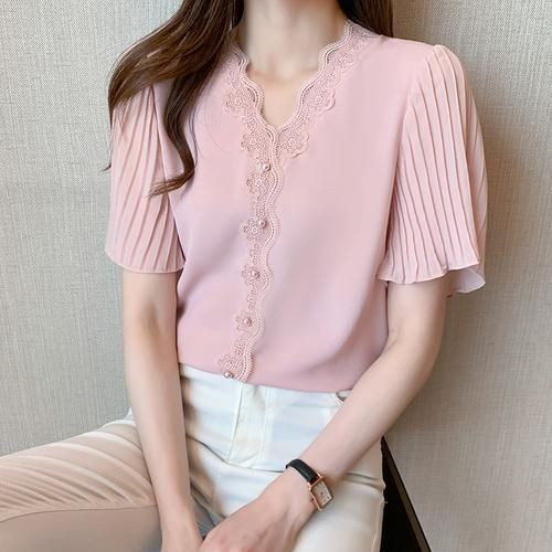 Blusa cuello neru  Fashion, Short sleeve chiffon blouse, Blouses for women