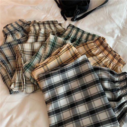 Vintage Plaid Pants Women High Waist Plus Size Wide Leg Casual