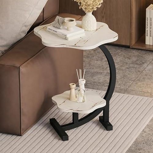 product_image_name-Generic-طاولة جانبية للاريكة بتصميم مزدوج الطبقات صغيرة الحجم وموفرة للمساحة مع هيكل ثابت من مادة صلبة متينة وسهلة التحريك لغرفة المعيشة وغرفة النوم والاستخدام على الأريكة (أبيض رخامي)-1