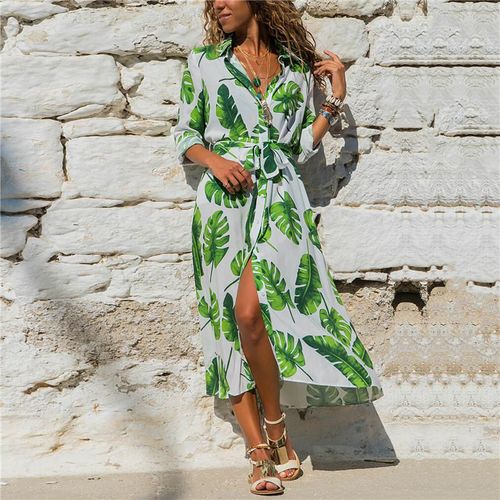 Fashion (green)Long Sleeve Floral Print Shirt Dress Women Turn