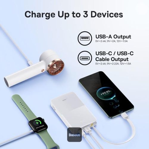 product_image_name-Baseus- EnerFill FC51 Bipow2 Pro Digital Display Power Bank with Built-in Cable 10000mAh 22.5W Moon White-5