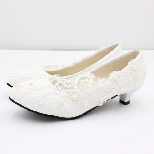 Pregnant Flat Heels Pearls Lace Pointed Toe White Wedding Bridal Shoes –  Okstyles