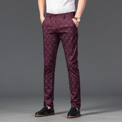 Mens Straight Checkered Leisure Pants Elegant Business Fabric Slim