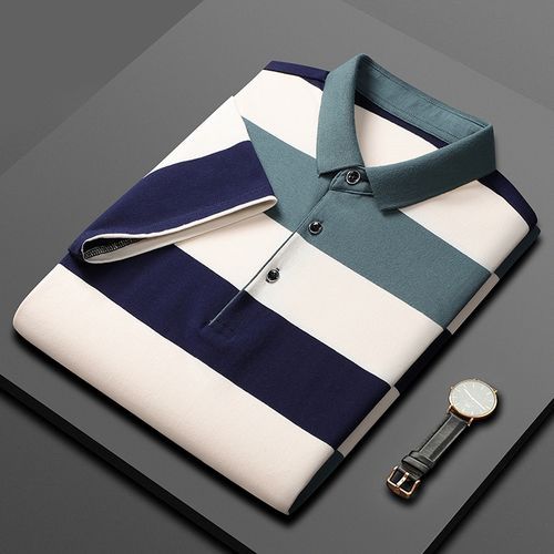 اشتري Fashion 2023 New Men's Business Striped POLO Shirt High Quality Lapel Casual T-Shirt Green في مصر