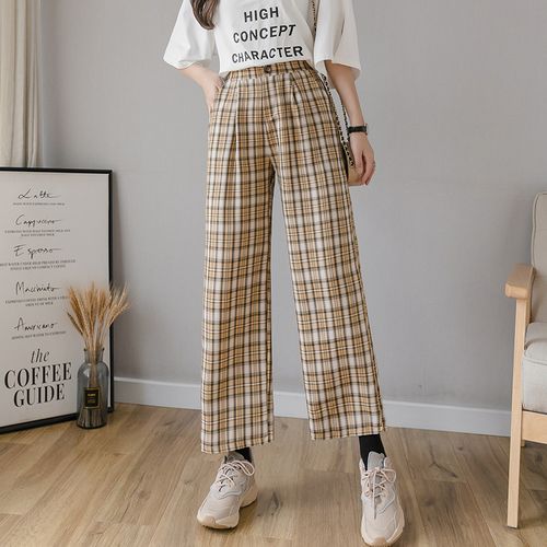 Fashion (Khaki)Vintage Plaid Pants Women High Waist Plus Size Wide Leg  Casual Female Trousers Summer Joggers Clothes Streetwear WEF @ Best Price  Online