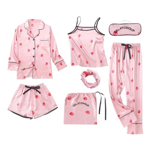 اشتري 7Pcs Ladies Silky Pajamas Set Printed Shirt Pants Cami Top Pink L في مصر