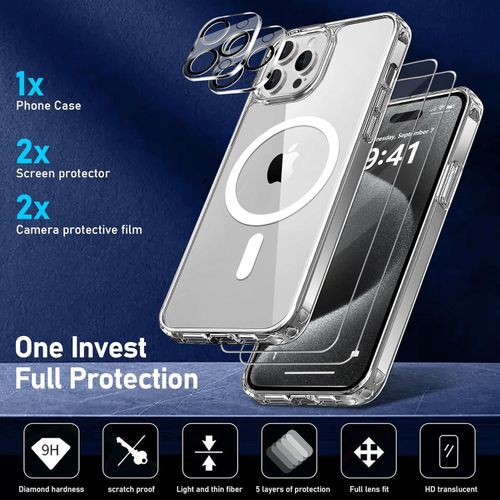 product_image_name-Generic-5 in 1 Magnetic Case Compatible with iPhone 15 Pro Magnetic with 2 Tempered Glass and 2 Camera Protectors, Compatible with MagSafe Back Anti-Scratch Shockproof TPU Bumper Case – Transparent-2