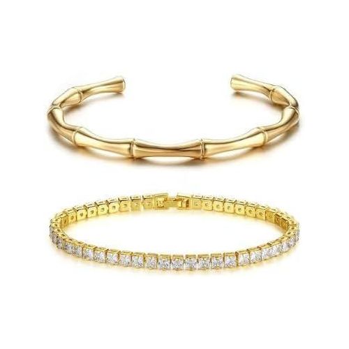 product_image_name-Generic-مجموعة أساور فاخرة للنساء - مجموعة من قطعتين (سوار من البامبو + سوار تنس مع زركون) من الفولاذ المقاوم للصدأ مطلي بالذهب عيار 14 قيراط، تصميم أنيق مقاوم للماء للهدايا والمناسبات-1