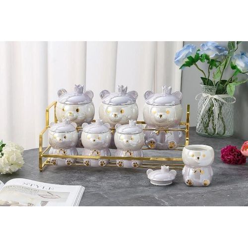 product_image_name-Generic-طقم توابل سيراميك على شكل دبدوب، 8 قطع، أبيض لؤلؤي مع حامل ذهبي، تصميم عصري للمطبخ-1