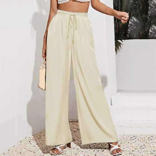Women Straight Leg Pants Drawstring Loose Trousers Casual Solid Bottoms