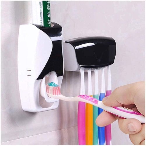 Toothbrush Holder With Cover Automatic Toothpaste Dispenser Set Dustproof With 3M Sticky Suction Pad Wall Mounted Kids Hands Toothpaste Squeezer For Washroom (Color May Vary, Plastic)