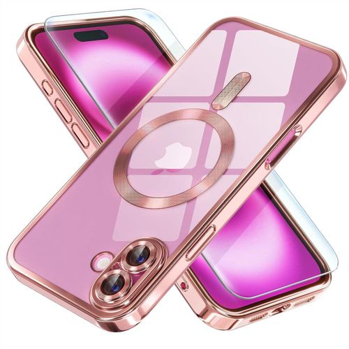product_image_name-Generic- Magnetic for iPhone 16 Case with MagSafe Never Yellowing Military Grade Drop Protection Full Camera Lens Protector Plating Soft Clear Phone Case for Women Girls 6.1 inch, Pink-1